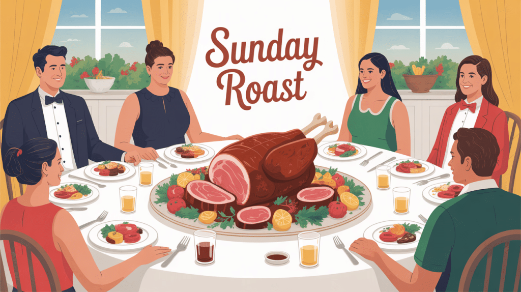 Illustration d’un sunday roast convivial, tablée dominicale britannique