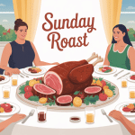 Illustration d’un sunday roast convivial, tablée dominicale britannique