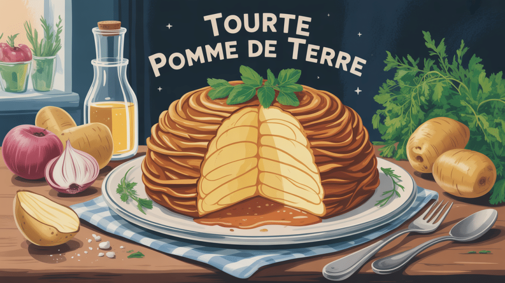 tourte pomme de terre dorée et fondante sur table rustique