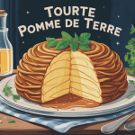 tourte pomme de terre dorée et fondante sur table rustique
