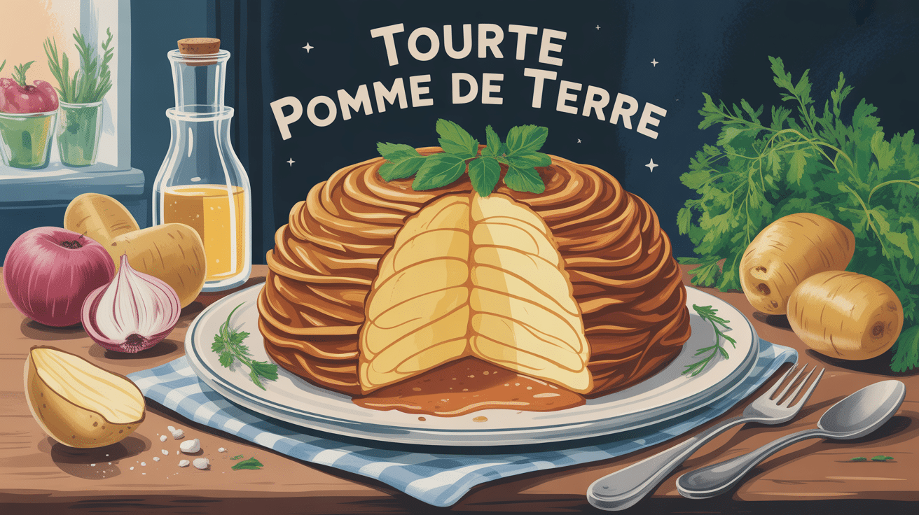 tourte pomme de terre dorée et fondante sur table rustique