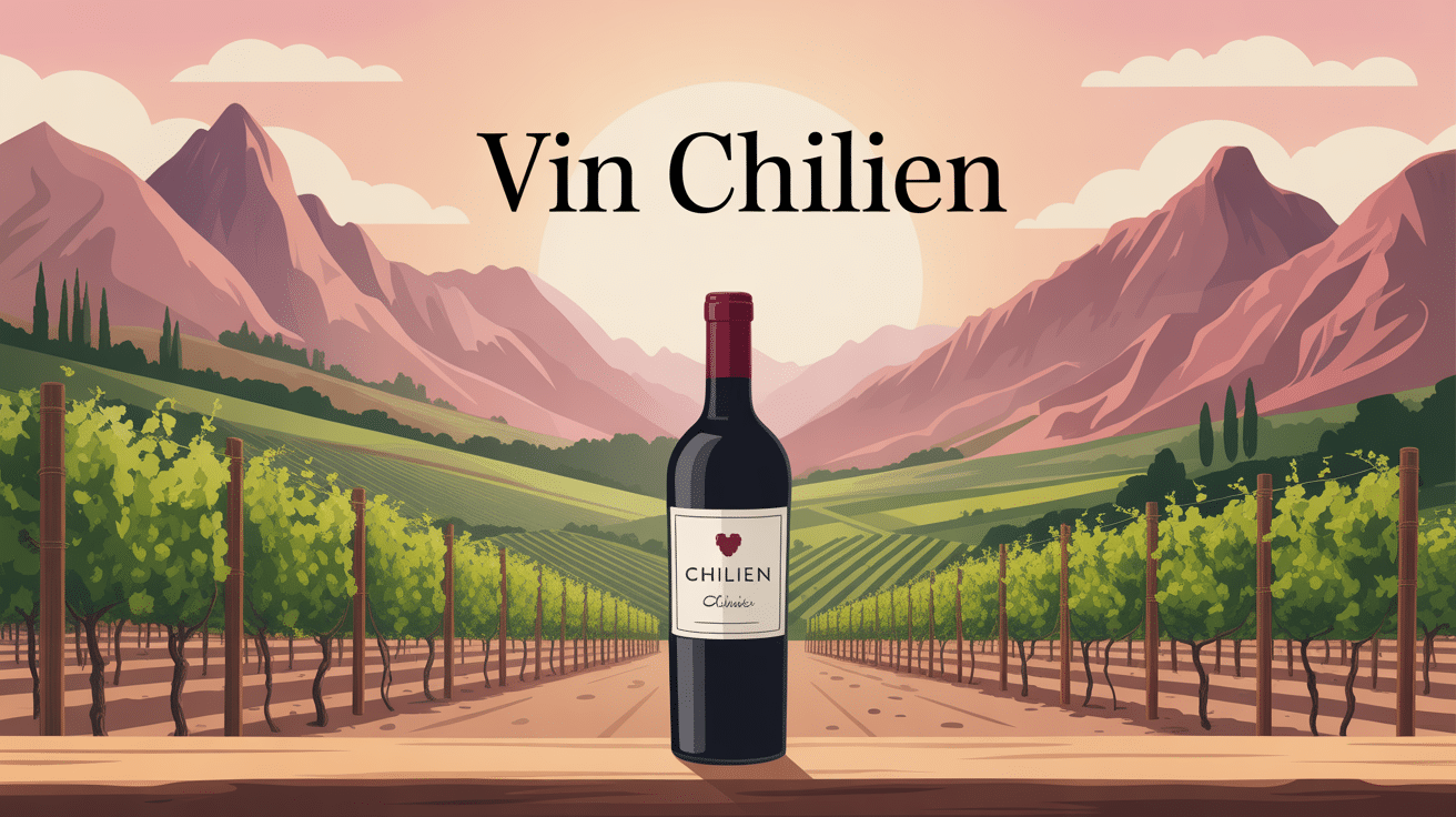 illustration vignoble chilien avec andes et bouteille de vin chilien