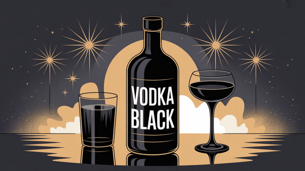 illustration festive vodka black bouteille et verre ambiance chic