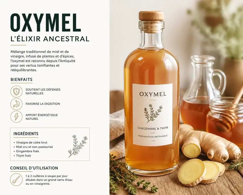 Bouteille d'oxymel maison avec ingrédients naturels pour une recette d'oxymel santé