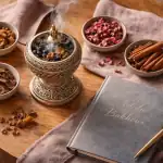 bakhour artisanal, brûleur mabkhara et ingrédients sur table
