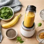 mixeur à smoothie avec smoothie jaune et ingrédients frais