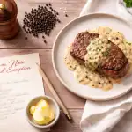 Poivre noir en grain sur table rustique avec steak et moulin