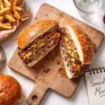 smash burger marseille coupé en deux sur plateau avec frites et sauces
