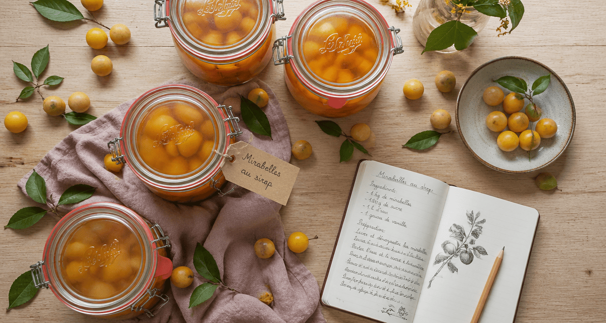 Bocaux de mirabelle au sirop sans stérilisation sur table