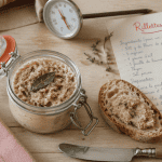 Rillette industrielle et grossesse sur table en bois, bocal, pain et fiche recette