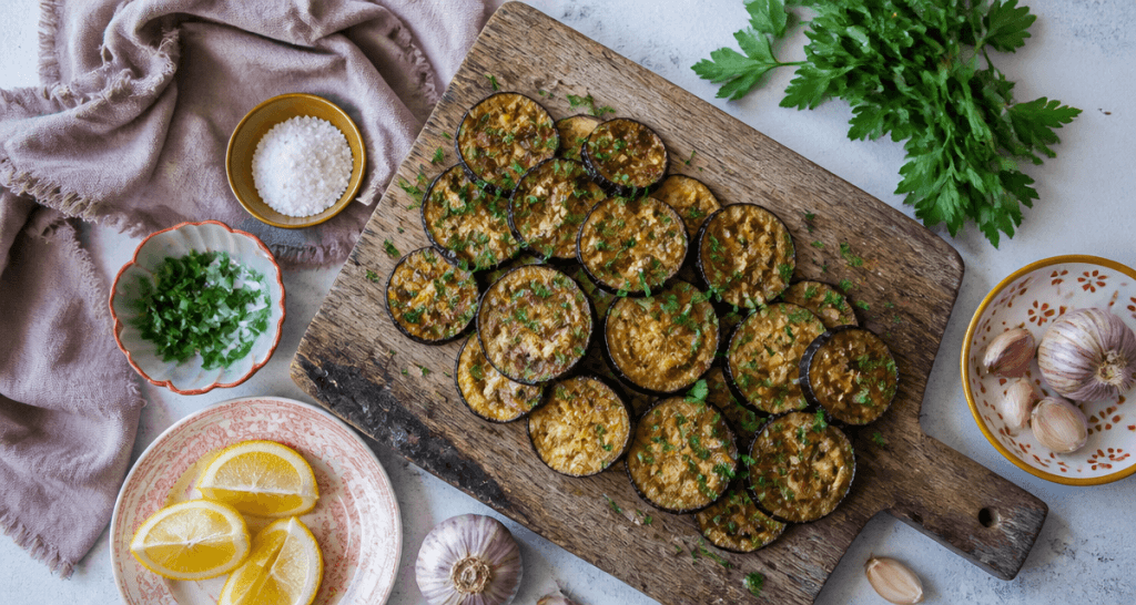 aubergine frit doré et croustillant sur planche rustique