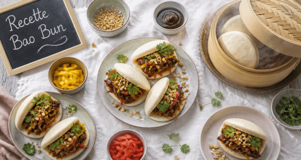 Bao bun maison ouverts avec porc laqué et panier vapeur