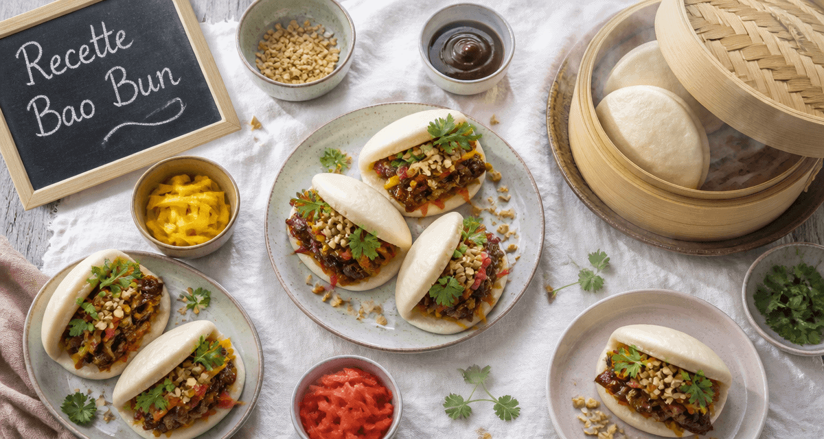 Bao bun maison ouverts avec porc laqué et panier vapeur