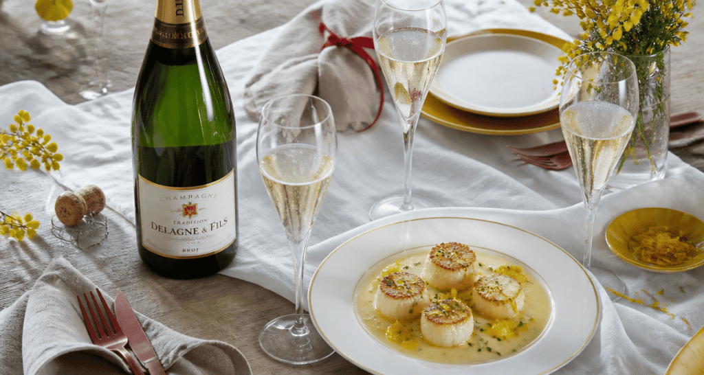 champagne tradition de delagne bouteille et saint-jacques sur table