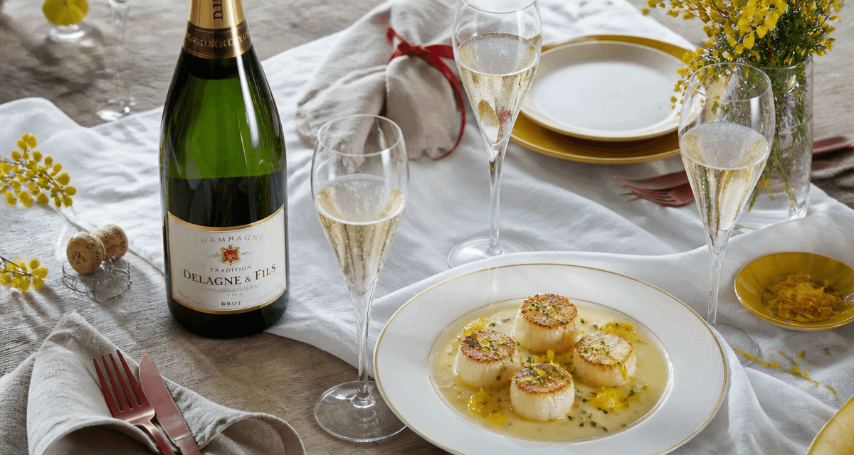champagne tradition de delagne bouteille et saint-jacques sur table