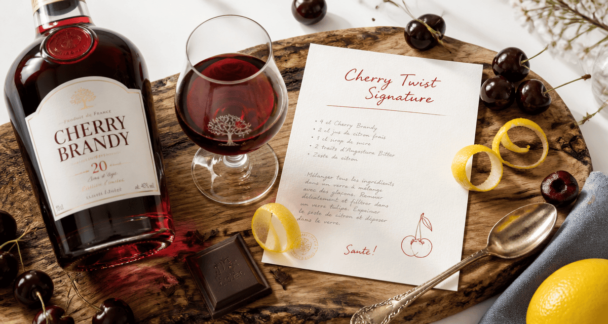Cherry brandy liqueur, cerises noires et cocktail sur table
