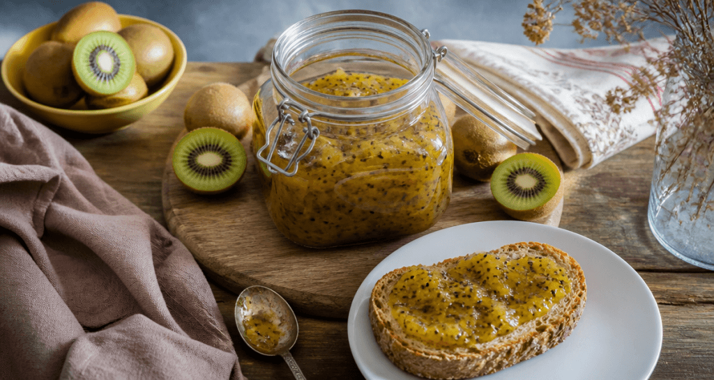 Confiture de kiwi de grand-mère en pot avec tartine