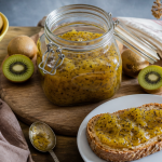 Confiture de kiwi de grand-mère en pot avec tartine