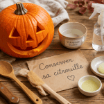 conserver citrouille halloween sur table avec ustensiles