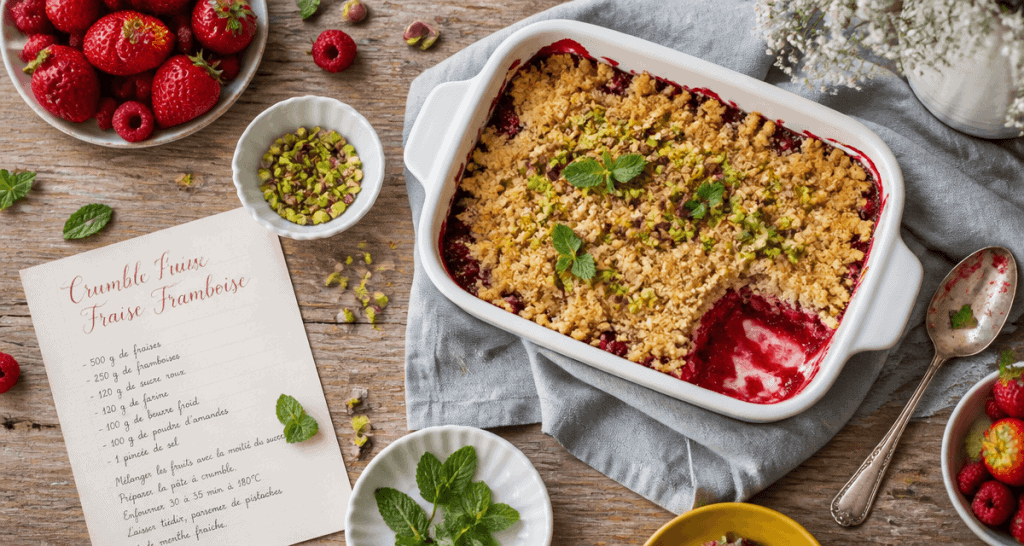 crumble fraise framboise doré avec pistache et menthe