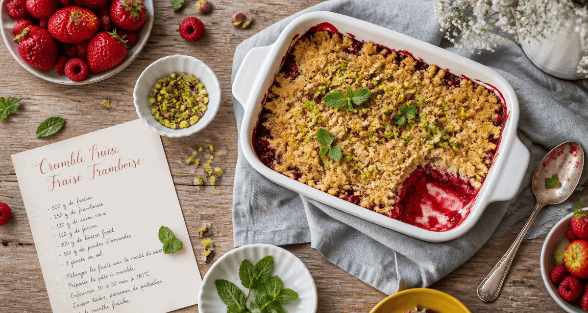 crumble fraise framboise doré avec pistache et menthe