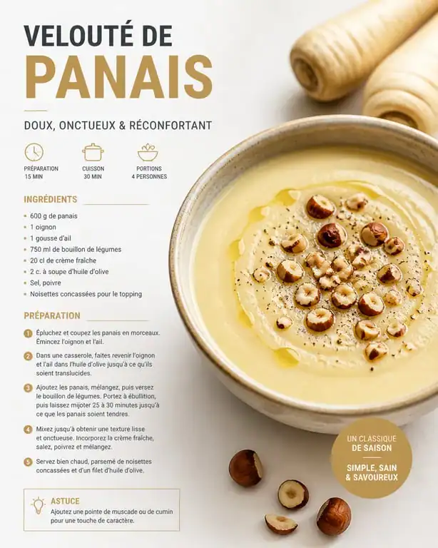 Velouté de panais et poires au curcuma, recette de légumes de saison de janvier