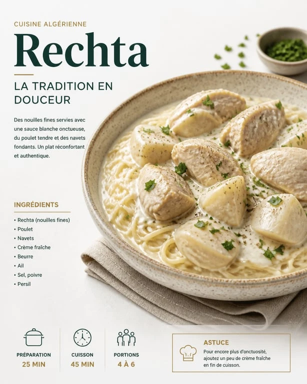 Recette rechta algéroise traditionnelle avec poulet et navets