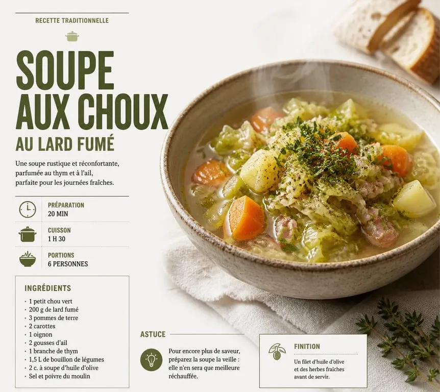 Soupe aux choux verts maison servie dans une assiette rustique