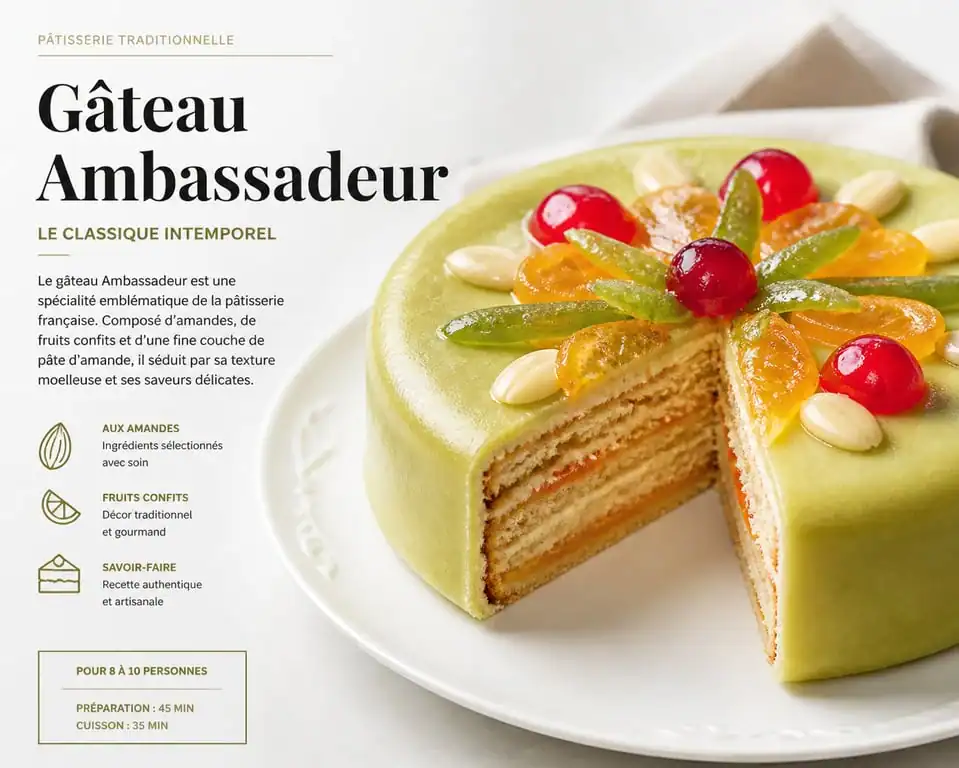 Gâteau Ambassadeur traditionnel avec pâte d'amande verte et fruits confits