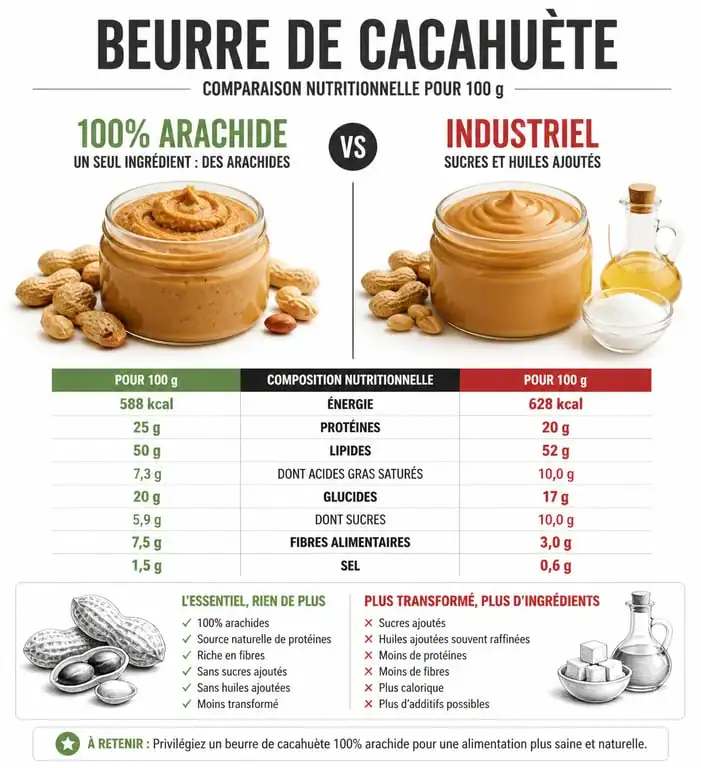 Comparaison nutritionnelle beurre de cacahuète sans sucre vs industriel