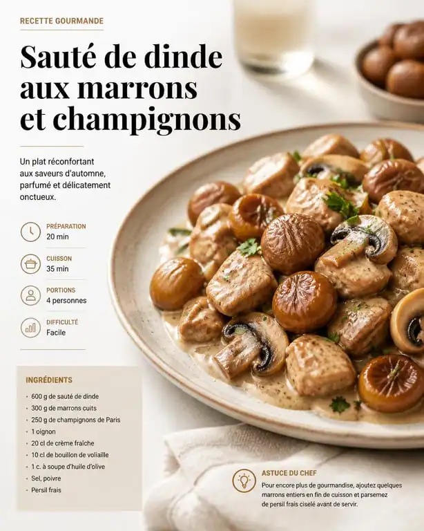 Sauté de dinde aux marrons en conserve et champignons des bois dans une assiette