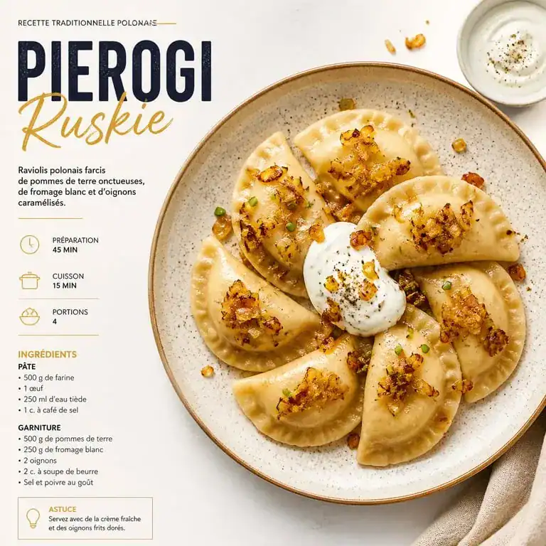 Assiette de Pierogi Ruskie traditionnels polonais garnis d'oignons frits