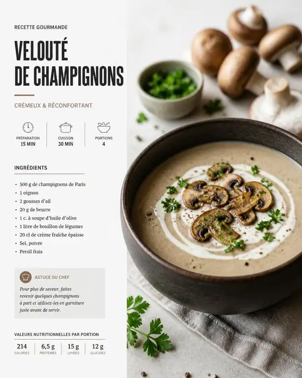 Velouté de champignons Thermomix onctueux servi dans un bol