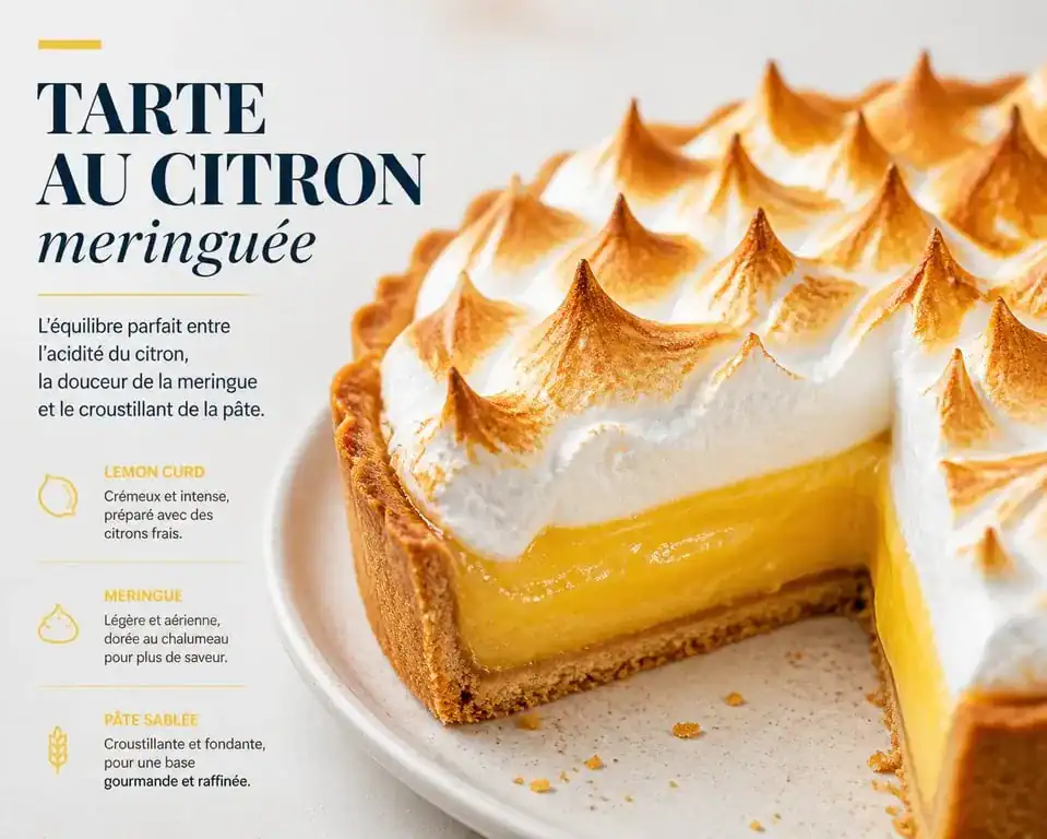 Tarte au citron meringuée (lemon pie) maison avec une meringue dorée et une crème onctueuse