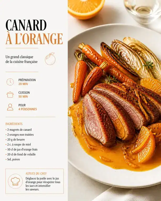 Canard à l'orange accompagné de carottes rôties et d'endives braisées dans une assiette élégante