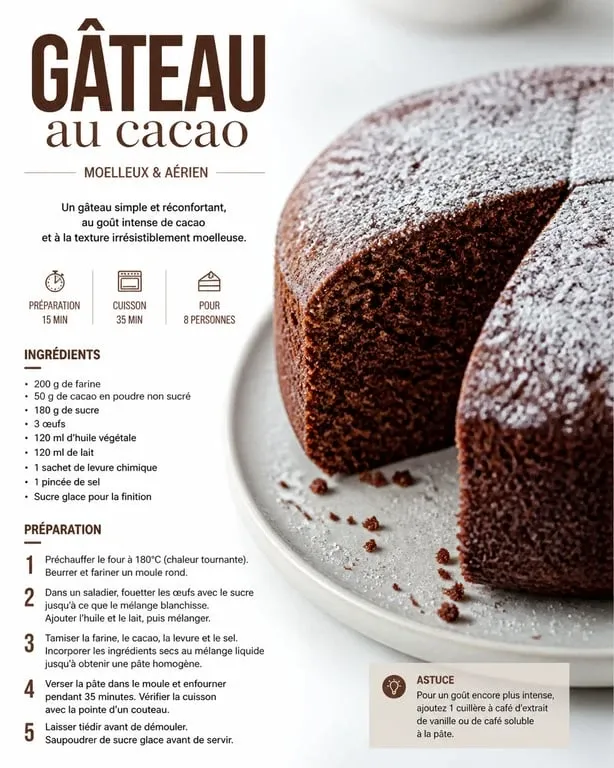 Gâteau au cacao moelleux fait maison sur une assiette