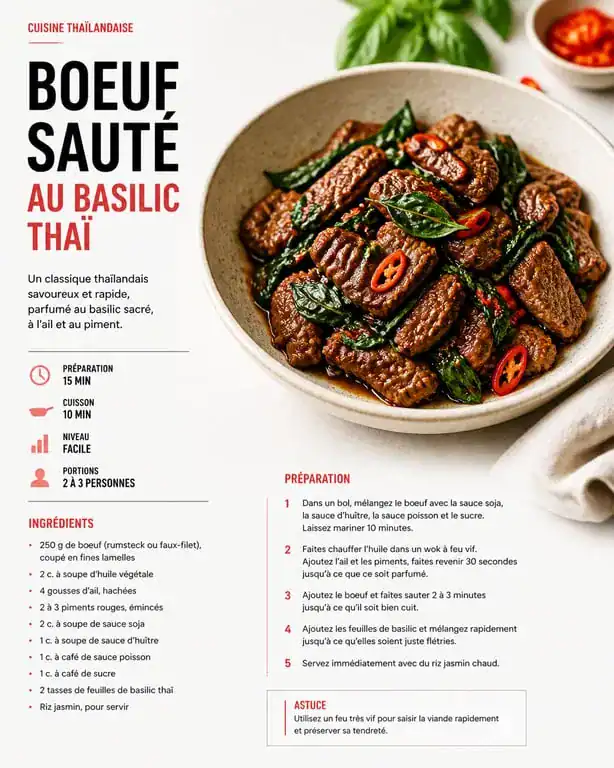 Sauté de bœuf au basilic thaï dans une assiette, vue rapprochée