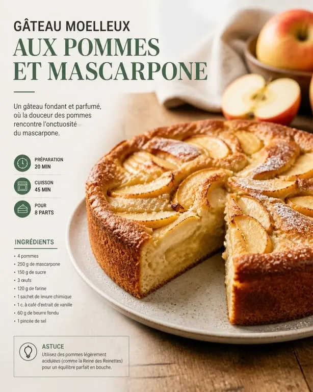 Gâteau moelleux aux pommes et mascarpone sur une table en bois