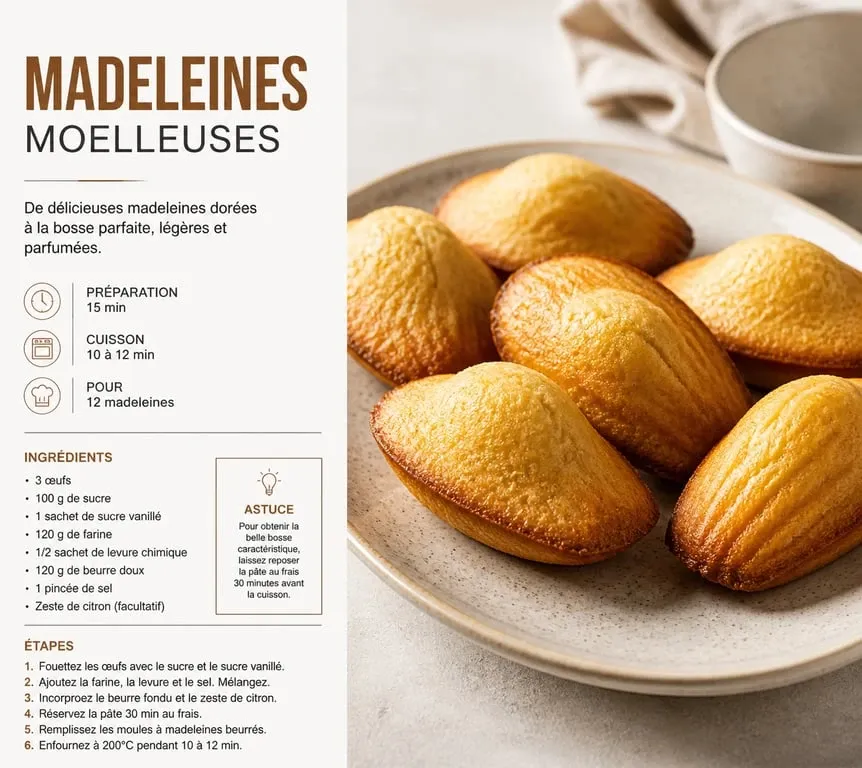 Recette madeleine moelleuse Cyril Lignac avec sa bosse caractéristique sur une assiette