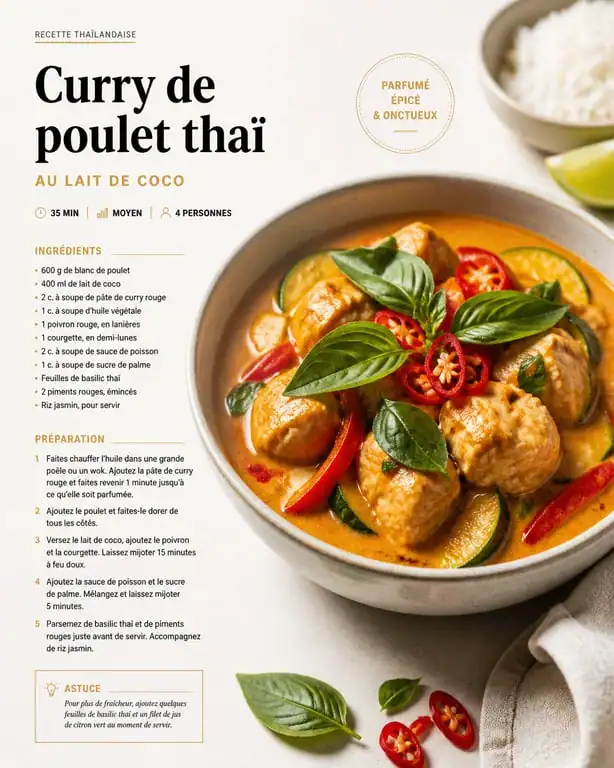 Curry de poulet au lait de coco et pâte de curry rouge dans un bol