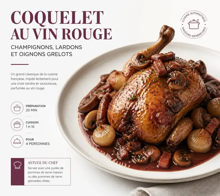 Coquelet au vin rouge préparé au Cookeo, plat traditionnel français revisité