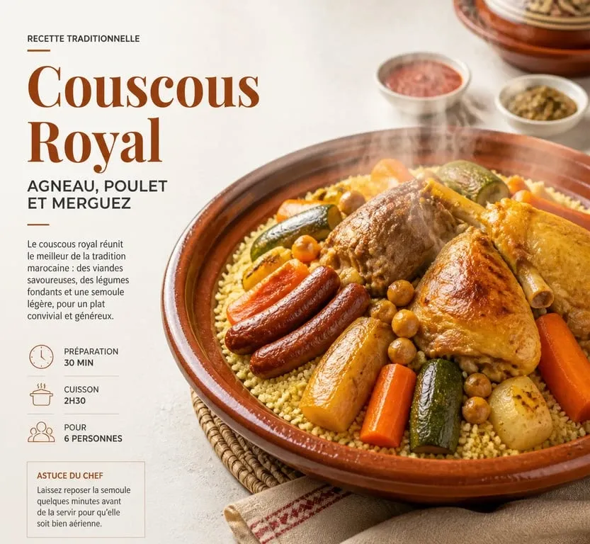Couscous royal traditionnel avec viande pour le couscous