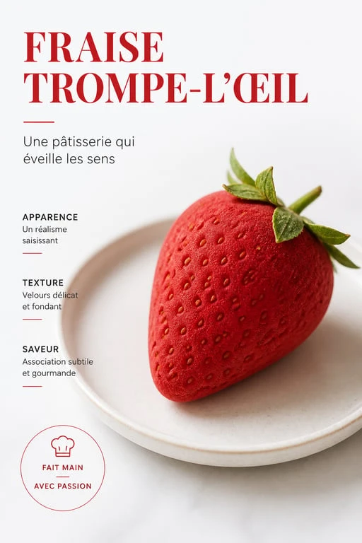 Pâtisserie trompe l'œil fraise réalisée avec précision, un dessert visuellement bluffant.