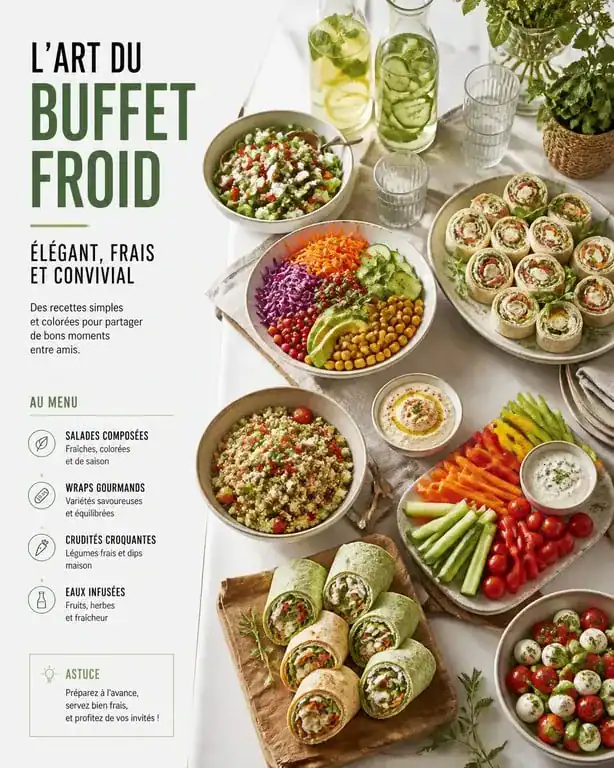 Table de buffet froid convivial pour un repas entre amis avec salades et wraps
