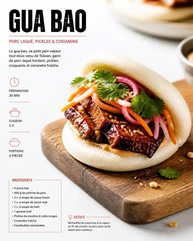 Recette de bao bun maison garni de porc laqué et pickles de légumes