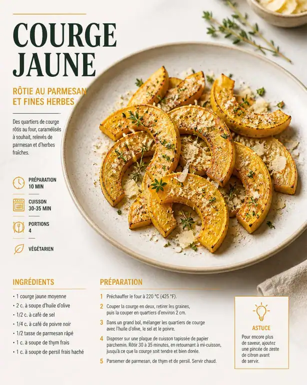 Recette de courge jaune rôtie au parmesan et fines herbes dans une assiette