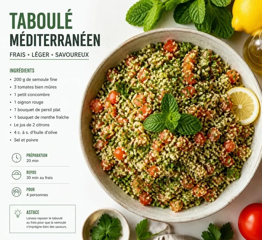 Recette taboulé méditerranéen frais et coloré dans un saladier