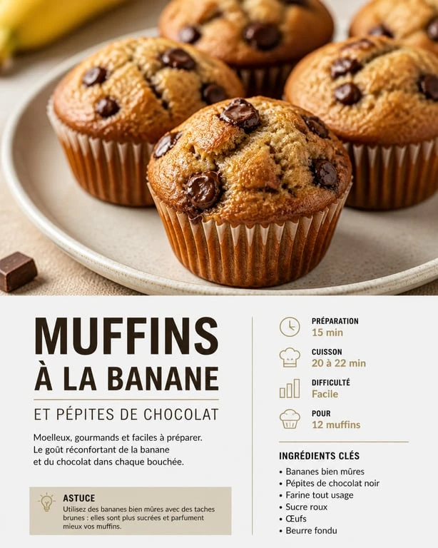 Recette muffin banane moelleux avec pépites de chocolat sur une assiette