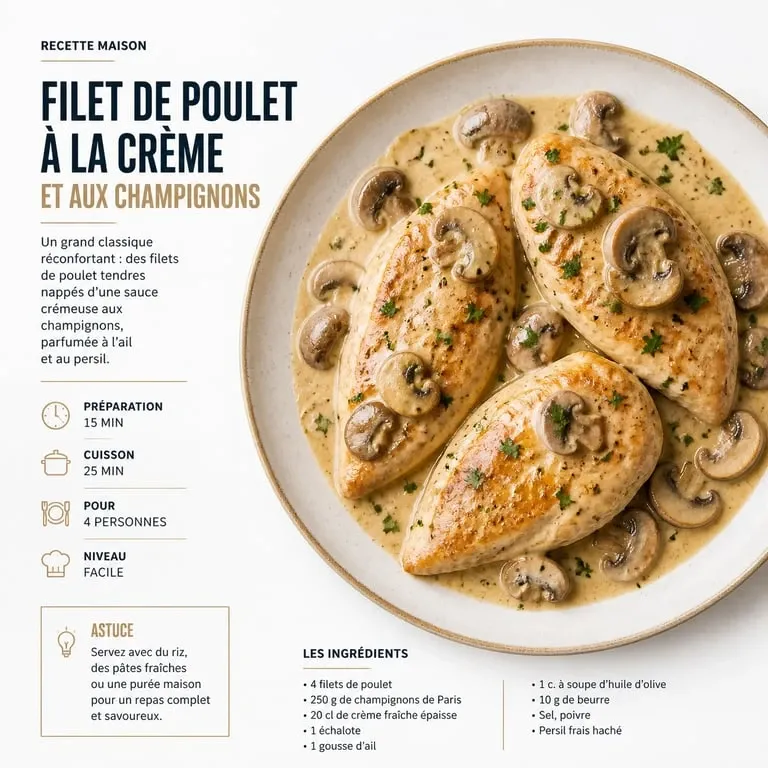 Filet de poulet à la crème et aux champignons, une alternative savoureuse pour remplacer le vin blanc dans vos recettes.