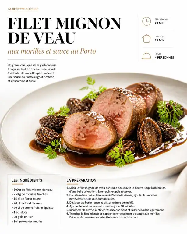 Filet mignon de veau aux morilles et sauce au Porto dressé de façon gastronomique